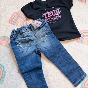 True Religion Black Tee with Pink Logo & Blue Rhinestone Jeans